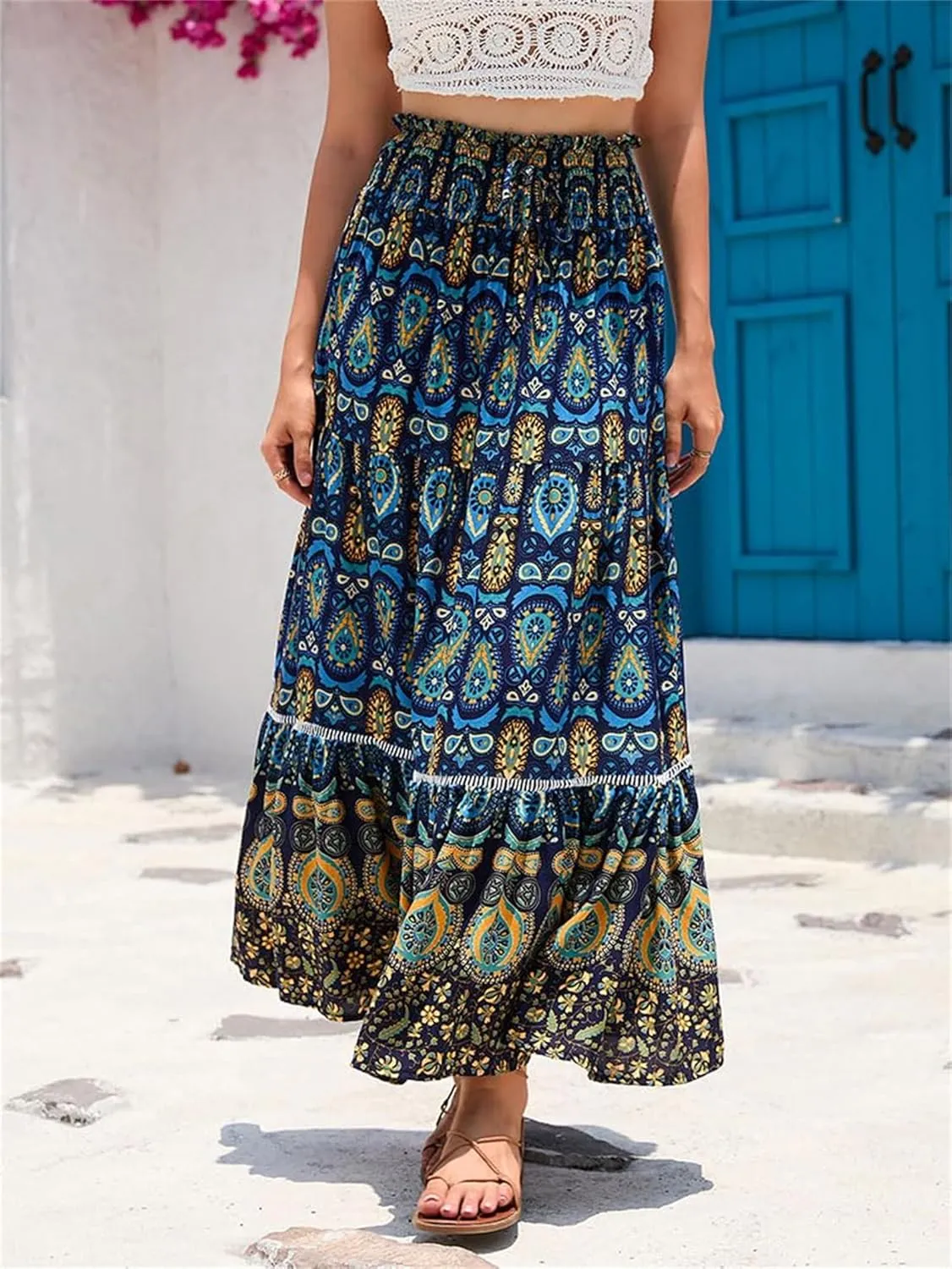 Women Boho Floral Print Skirts Vintage Elastic High Waist A-Line Long Skirts Summer Tiered Flowy Maxi Skirt