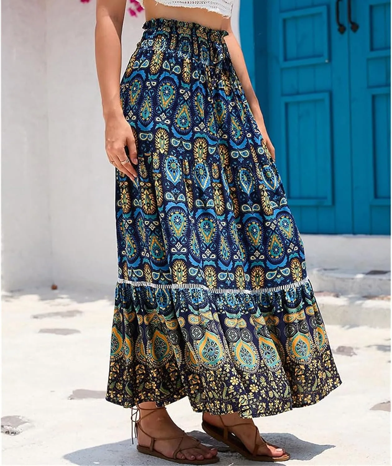 Women Boho Floral Print Skirts Vintage Elastic High Waist A-Line Long Skirts Summer Tiered Flowy Maxi Skirt