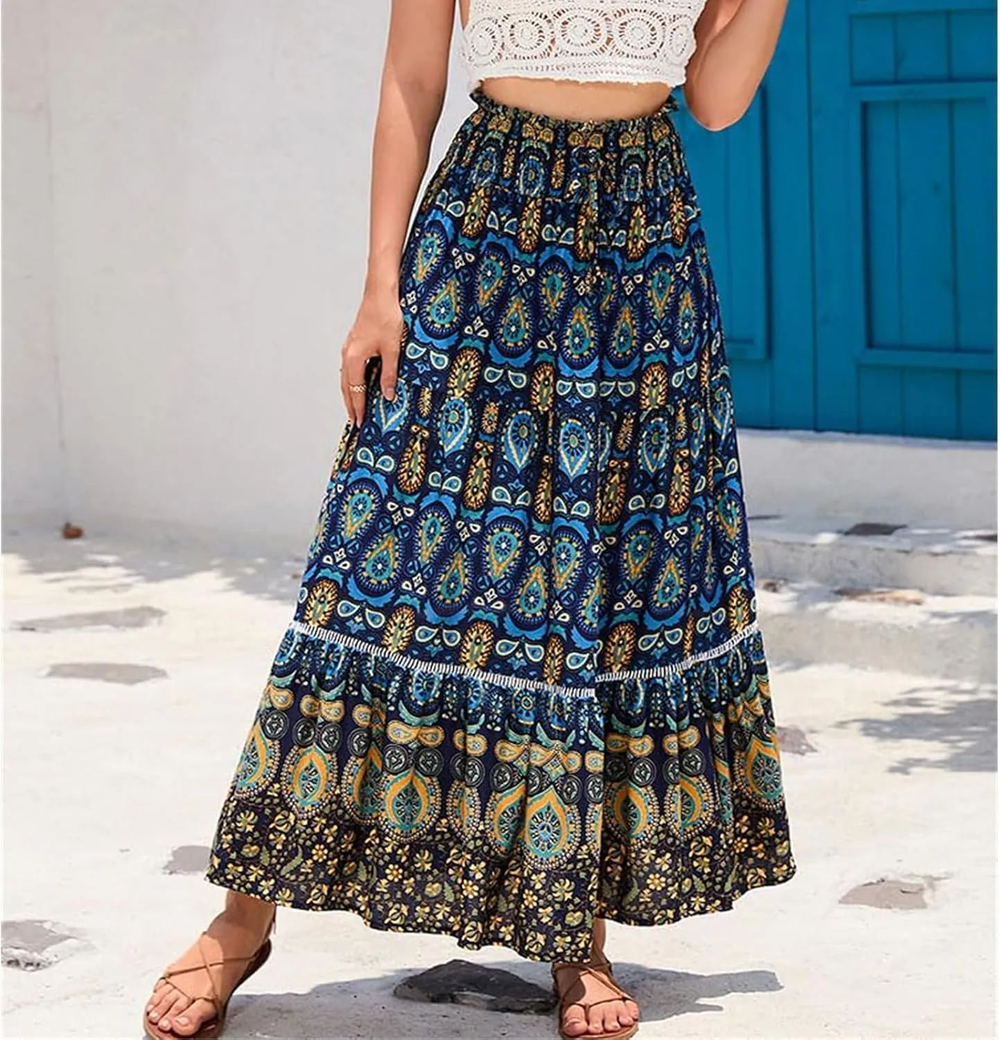 Women Boho Floral Print Skirts Vintage Elastic High Waist A-Line Long Skirts Summer Tiered Flowy Maxi Skirt