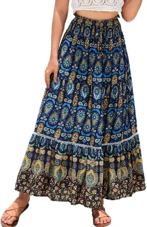Women Boho Floral Print Skirts Vintage Elastic High Waist A-Line Long Skirts Summer Tiered Flowy Maxi Skirt