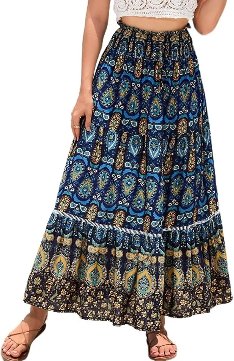 Women Boho Floral Print Skirts Vintage Elastic High Waist A-Line Long Skirts Summer Tiered Flowy Maxi Skirt