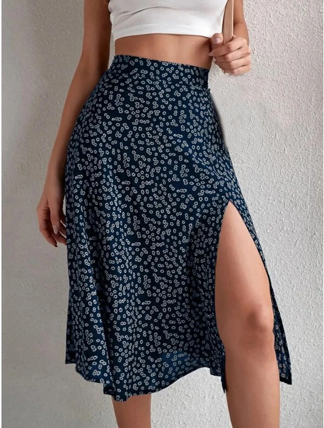 Women Boho Floral Skirts Slit Summer Flowy Split Maxi Skirt Lightweight High Waist A Line Skirts Beach Clothes
