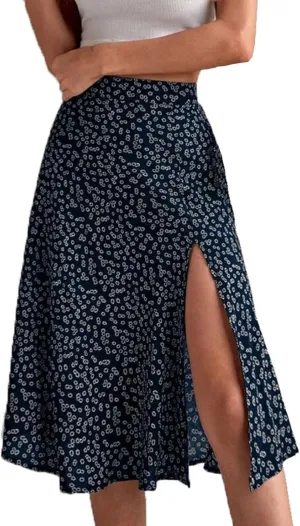 Women Boho Floral Skirts Slit Summer Flowy Split Maxi Skirt Lightweight High Waist A Line Skirts Beach Clothes