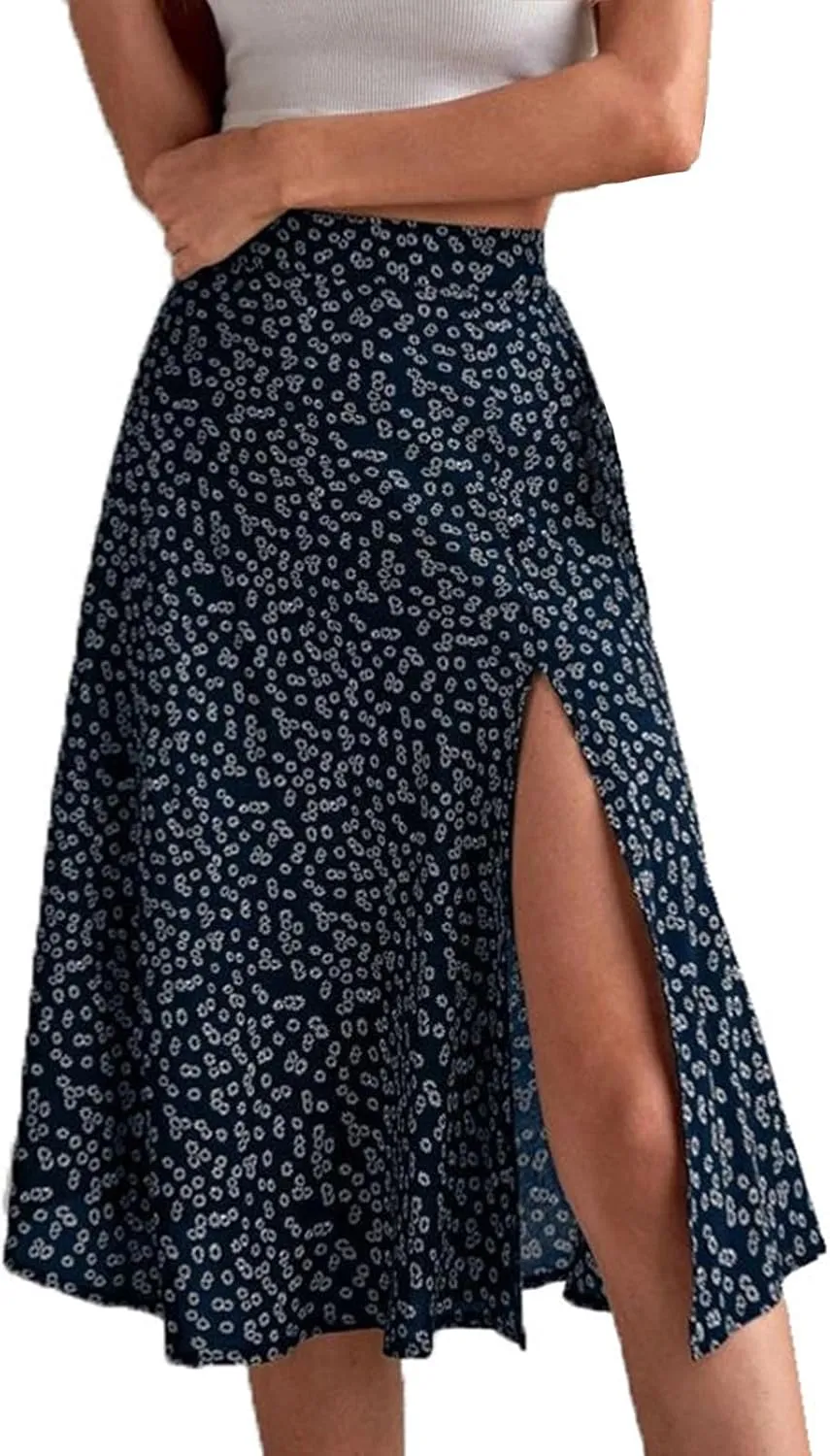 Women Boho Floral Skirts Slit Summer Flowy Split Maxi Skirt Lightweight High Waist A Line Skirts Beach Clothes