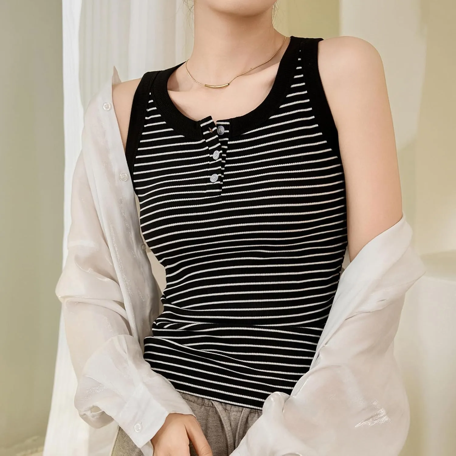 Women Cotton Tank Tops Solid Color Basic Scoop Neck Sleeveless Button Tee Shirts Summer Casual Slim Fit Beach Blouse