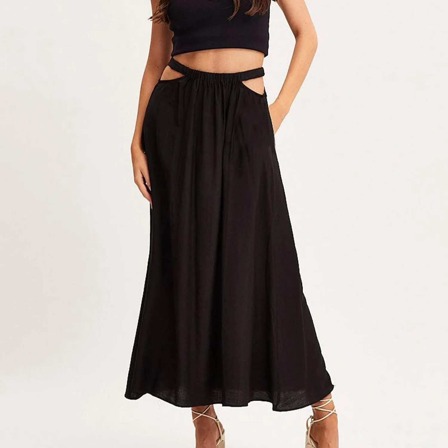 Women Cutout High Waist Midi Skirt Summer Casual Pleated A-Line Skirts Lightweight Flowy Solid Beach Long Skirt