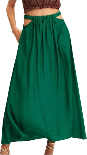 Women Cutout High Waist Midi Skirt Summer Casual Pleated A-Line Skirts Lightweight Flowy Solid Beach Long Skirt