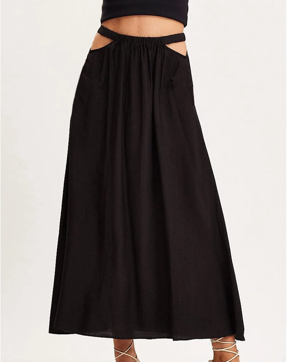Women Cutout High Waist Midi Skirt Summer Casual Pleated A-Line Skirts Lightweight Flowy Solid Beach Long Skirt