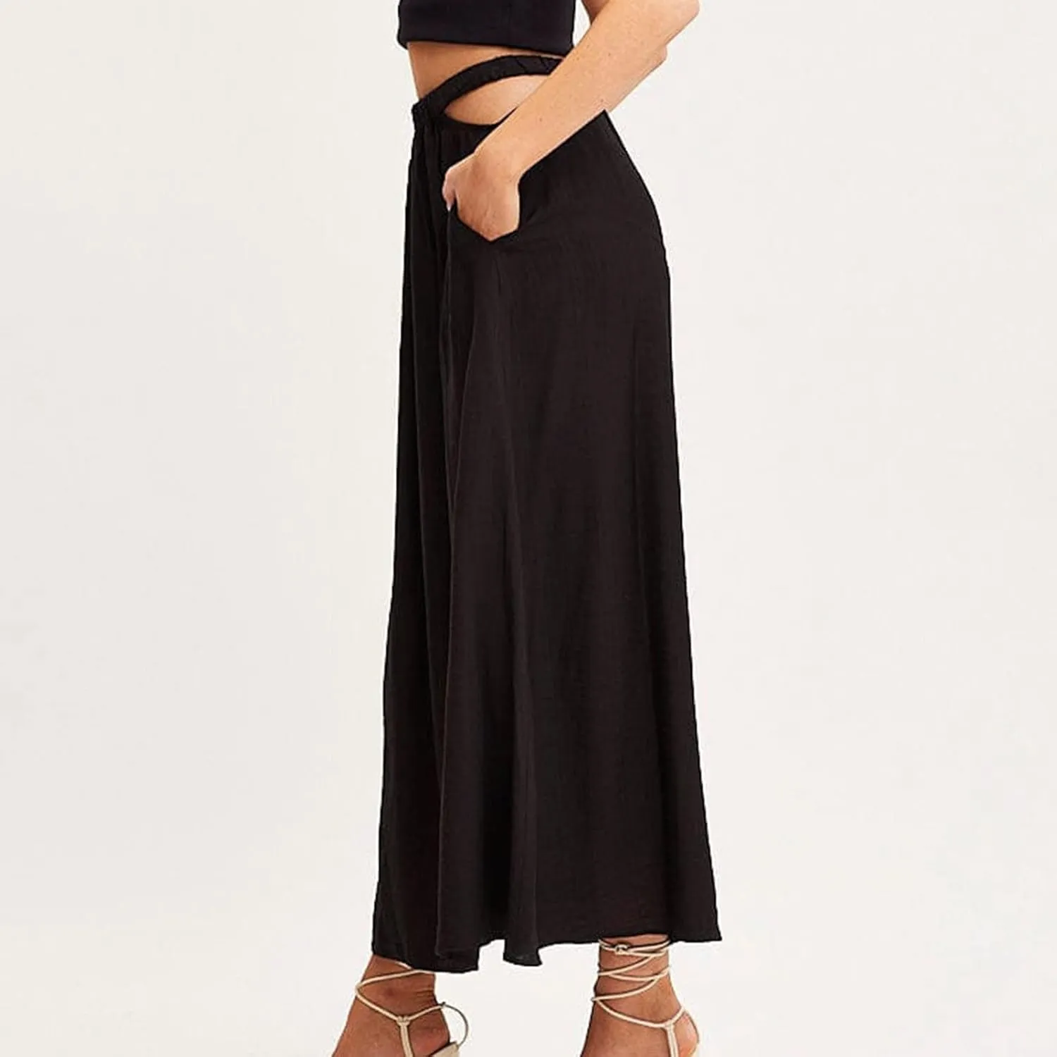 Women Cutout High Waist Midi Skirt Summer Casual Pleated A-Line Skirts Lightweight Flowy Solid Beach Long Skirt