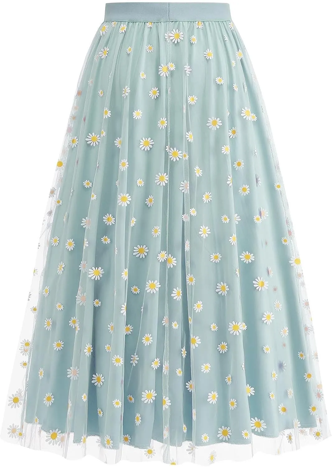 Women Daisy Embroidered Skirts Floral Mesh Casual Elastic High Waist Long Skirts Flower Swing A Line Skirts 2025
