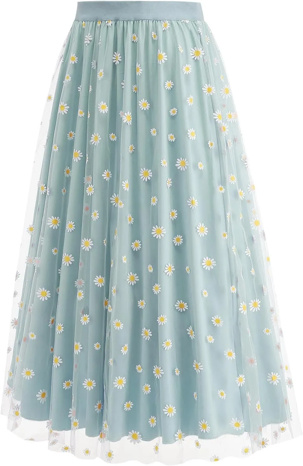 Women Daisy Embroidered Skirts Floral Mesh Casual Elastic High Waist Long Skirts Flower Swing A Line Skirts 2025