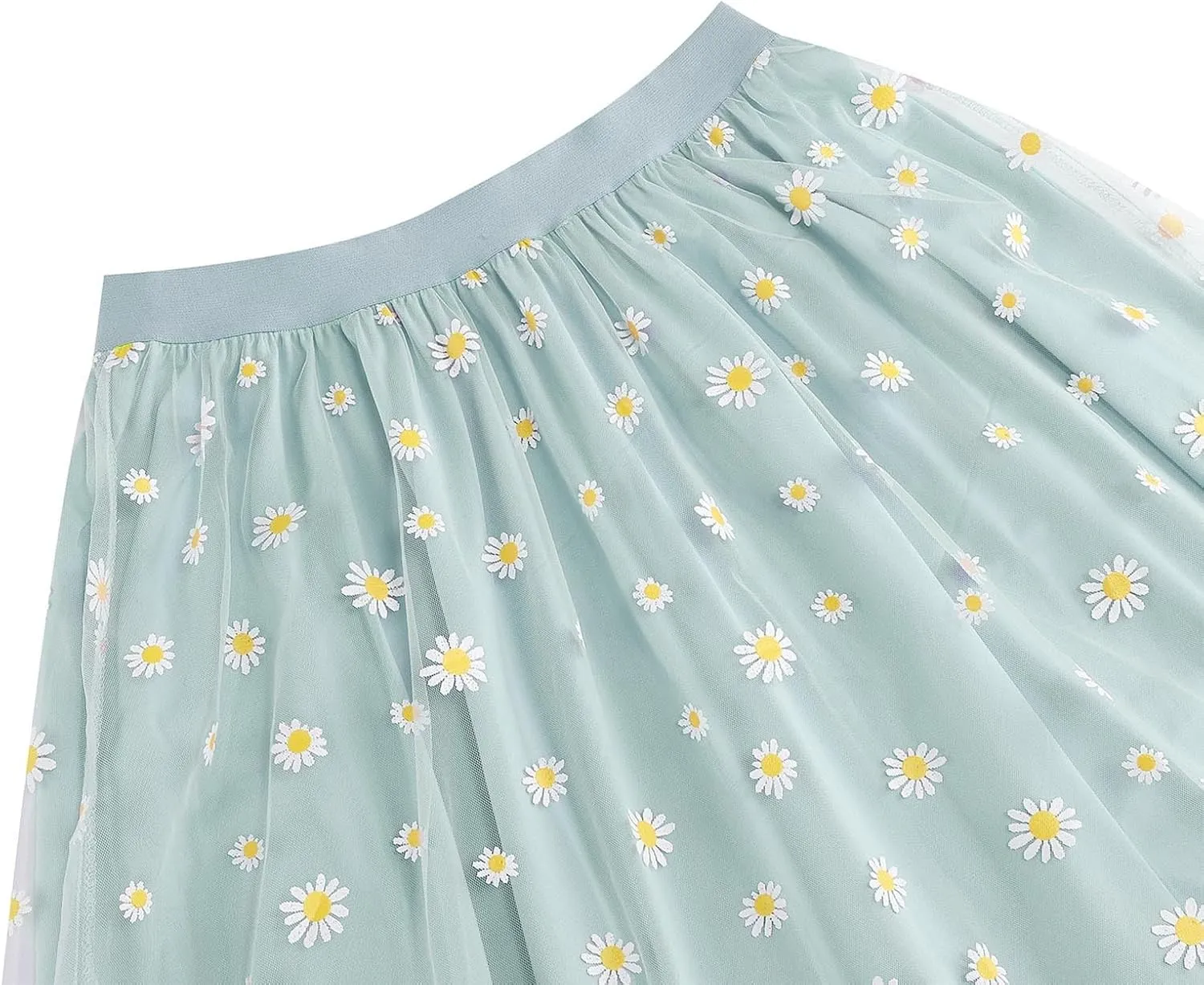 Women Daisy Embroidered Skirts Floral Mesh Casual Elastic High Waist Long Skirts Flower Swing A Line Skirts 2025