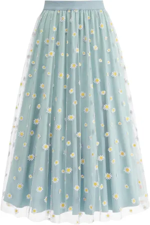 Women Daisy Embroidered Skirts Floral Mesh Casual Elastic High Waist Long Skirts Flower Swing A Line Skirts 2025
