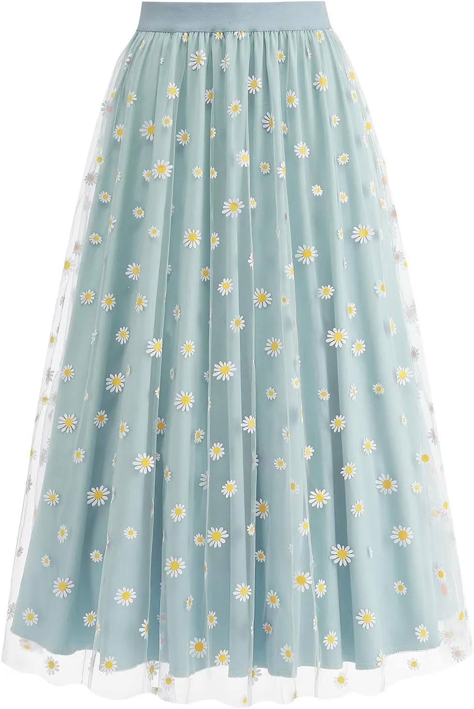 Women Daisy Embroidered Skirts Floral Mesh Casual Elastic High Waist Long Skirts Flower Swing A Line Skirts 2025