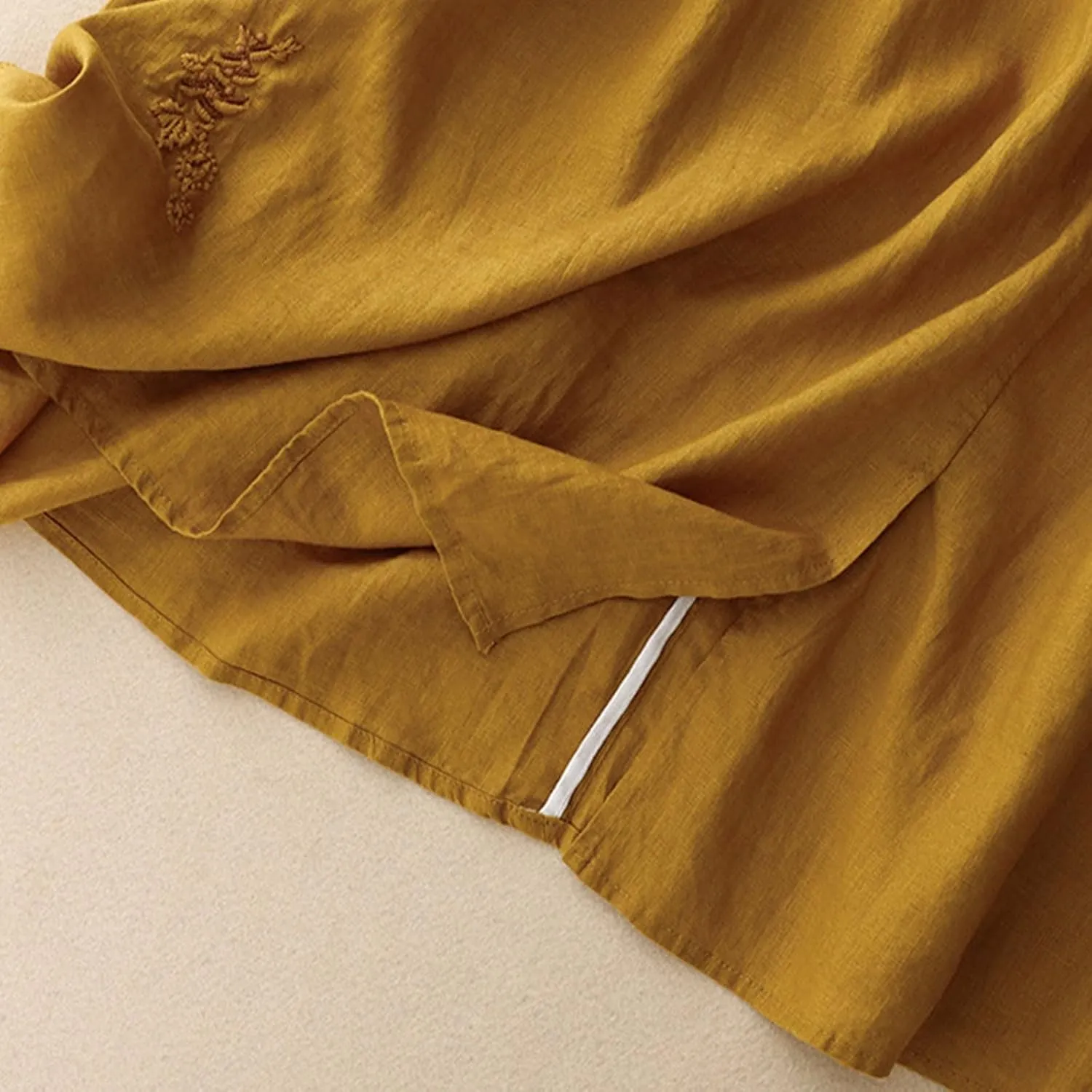 Women Embroidery Cotton Linen Skirt Drawstring Waist A Line Flowy Skirts Slit Color Block Boho Dress with Pockets