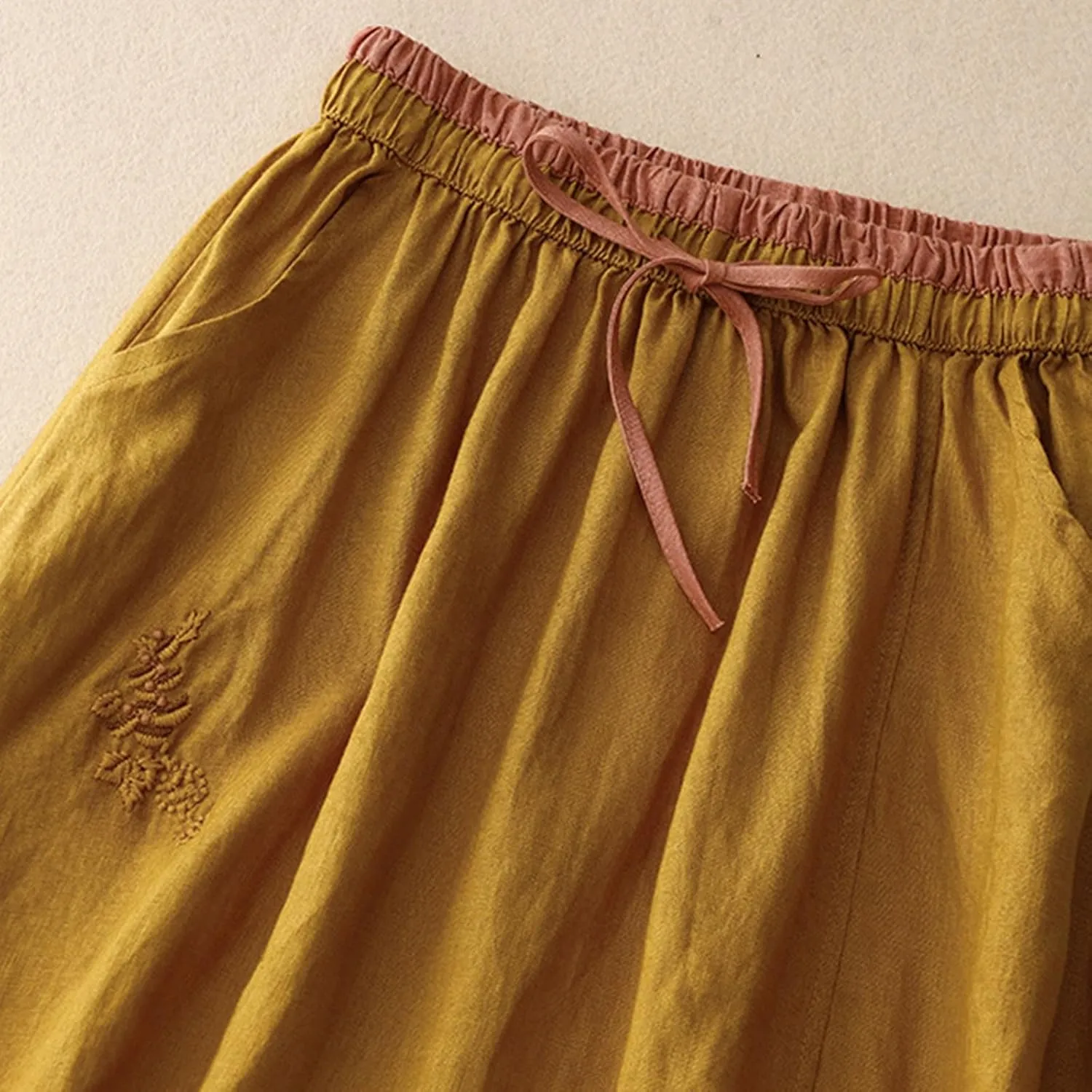 Women Embroidery Cotton Linen Skirt Drawstring Waist A Line Flowy Skirts Slit Color Block Boho Dress with Pockets