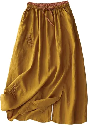 Women Embroidery Cotton Linen Skirt Drawstring Waist A Line Flowy Skirts Slit Color Block Boho Dress with Pockets