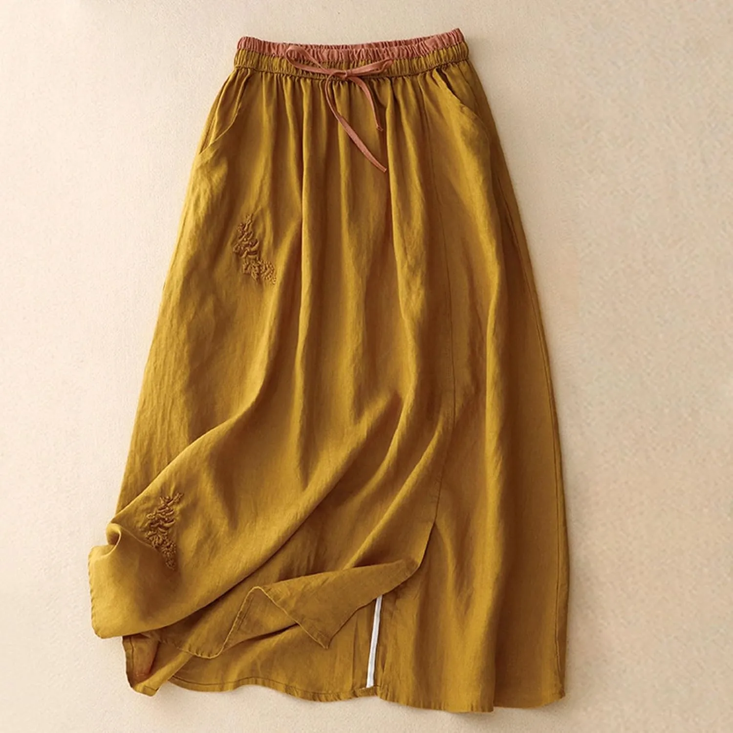 Women Embroidery Cotton Linen Skirt Drawstring Waist A Line Flowy Skirts Slit Color Block Boho Dress with Pockets