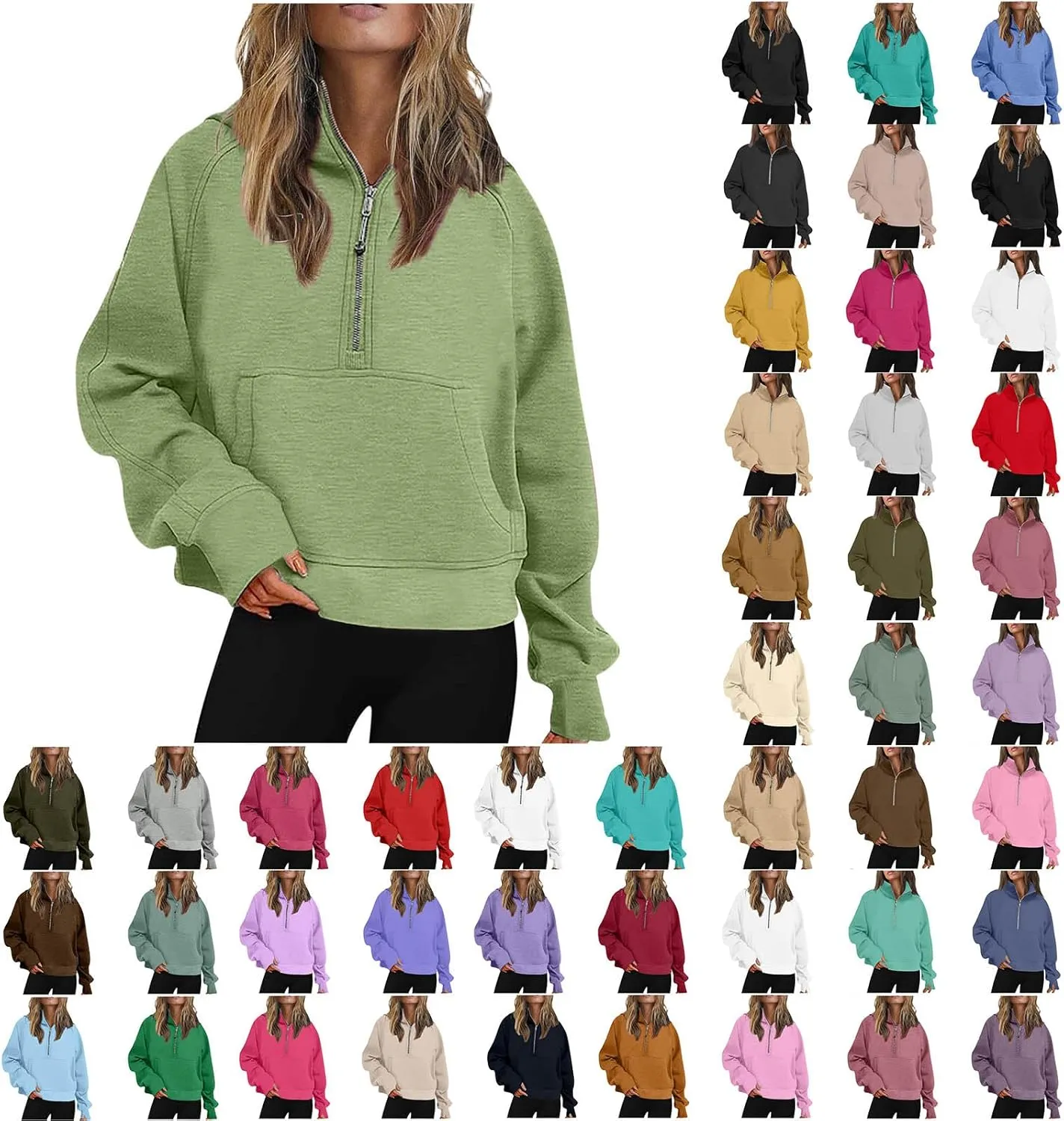 Women Half Zip Hooded Sweatshirt Thumb Hole Hoodie Pullover with Kangaroo Pocket Raglan Sleeve Quarter Zipper Hoodie