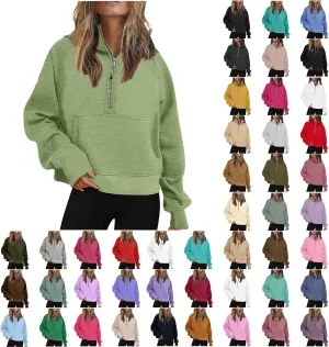 Women Half Zip Hooded Sweatshirt Thumb Hole Hoodie Pullover with Kangaroo Pocket Raglan Sleeve Quarter Zipper Hoodie