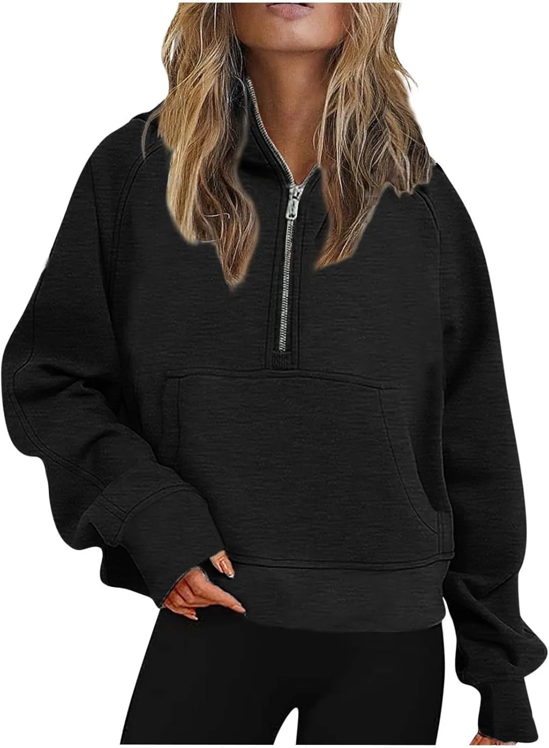 Women Half Zip Hooded Sweatshirt Thumb Hole Hoodie Pullover with Kangaroo Pocket Raglan Sleeve Quarter Zipper Hoodie