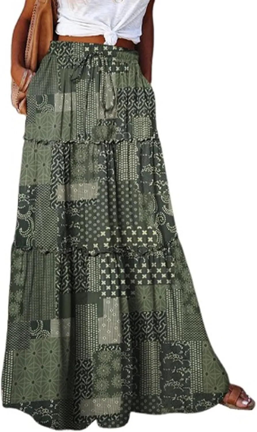 Women Lightweight Boho Maxi Skirt Summer Casual Flowy A-Line Skirts Drawstring High Waist Layered Ruffle Long Skirt