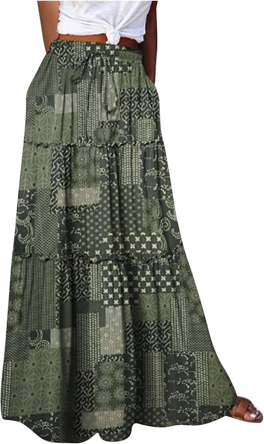Women Lightweight Boho Maxi Skirt Summer Casual Flowy A-Line Skirts Drawstring High Waist Layered Ruffle Long Skirt