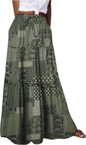 Women Lightweight Boho Maxi Skirt Summer Casual Flowy A-Line Skirts Drawstring High Waist Layered Ruffle Long Skirt