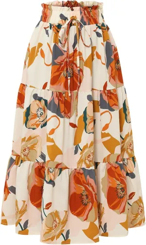 Women Long Skirts Drawstring Elastic Waist Pleated Layer Ruffle Hem Flowy A Line Skirt Boho Floral Print Maxi Skorts