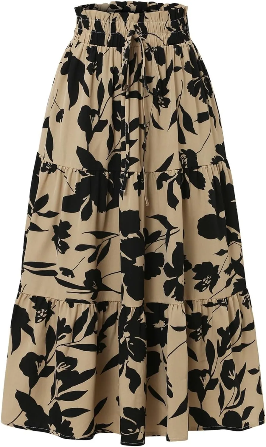 Women Long Skirts Drawstring Elastic Waist Pleated Layer Ruffle Hem Flowy A Line Skirt Boho Floral Print Maxi Skorts