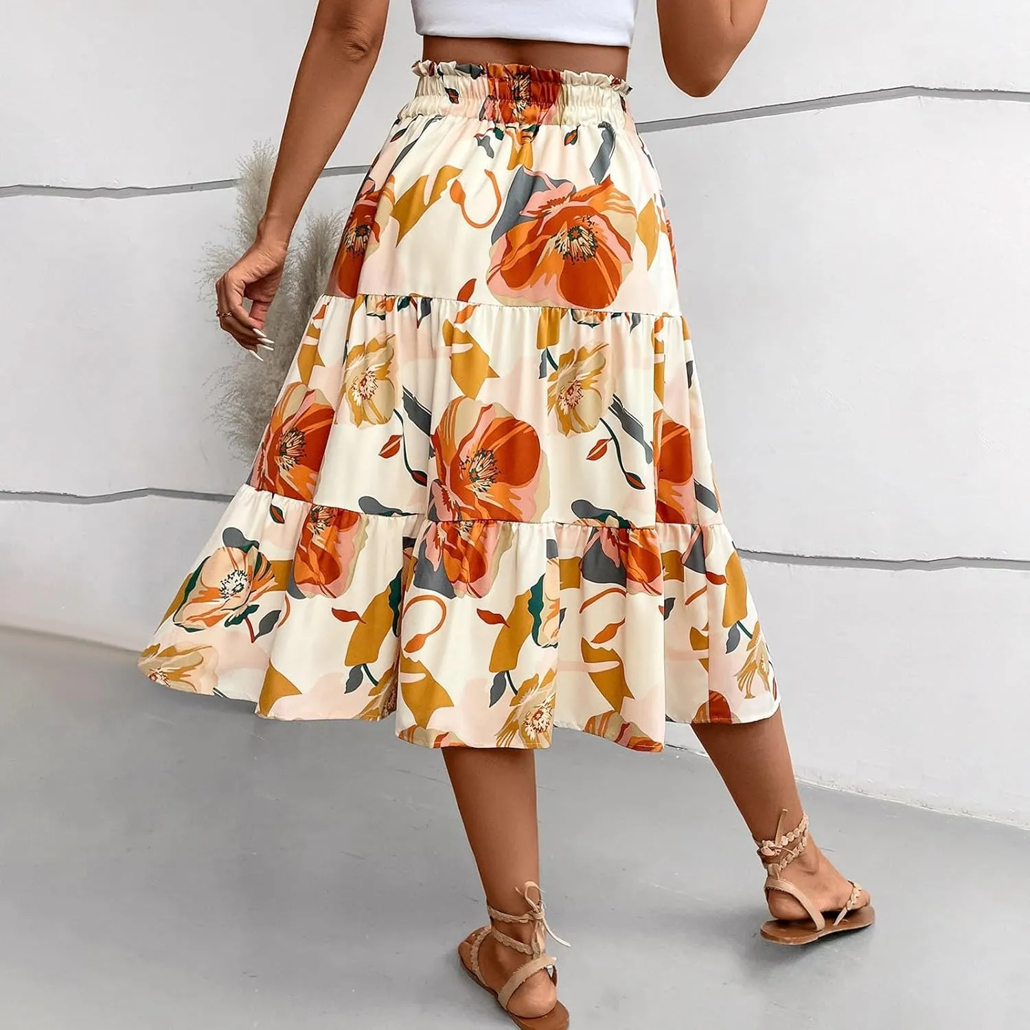 Women Long Skirts Drawstring Elastic Waist Pleated Layer Ruffle Hem Flowy A Line Skirt Boho Floral Print Maxi Skorts