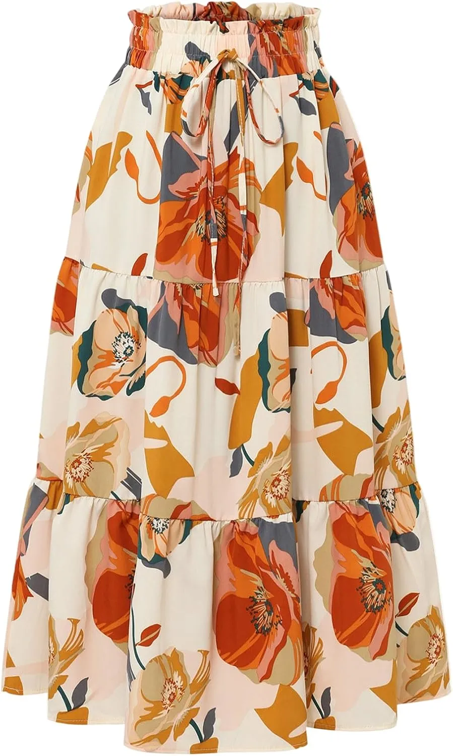 Women Long Skirts Drawstring Elastic Waist Pleated Layer Ruffle Hem Flowy A Line Skirt Boho Floral Print Maxi Skorts