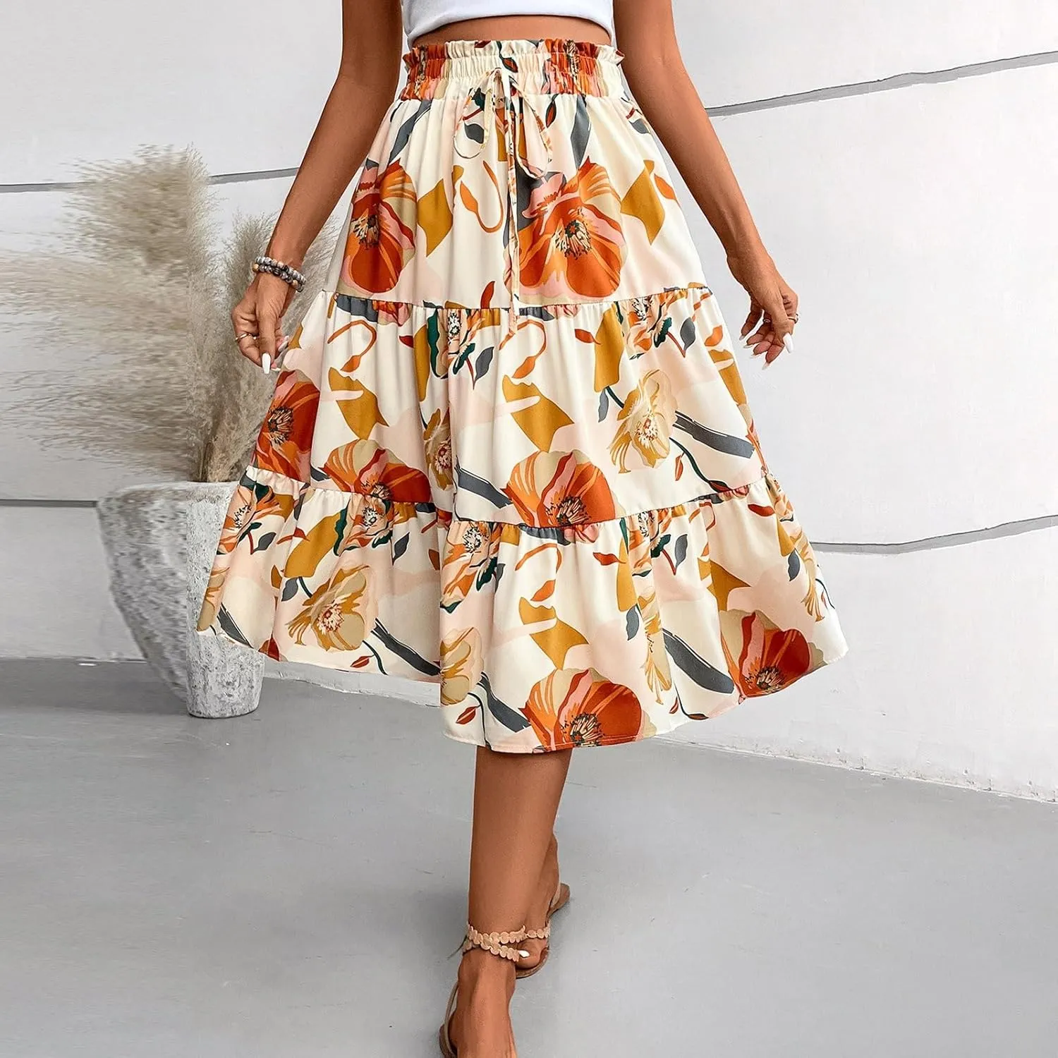 Women Long Skirts Drawstring Elastic Waist Pleated Layer Ruffle Hem Flowy A Line Skirt Boho Floral Print Maxi Skorts