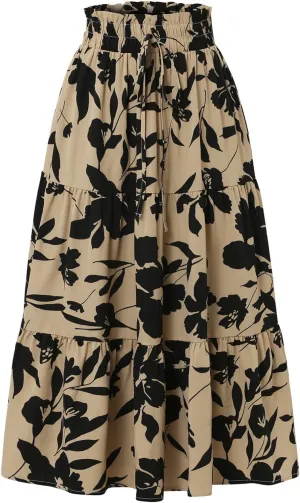 Women Long Skirts Drawstring Elastic Waist Pleated Layer Ruffle Hem Flowy A Line Skirt Boho Floral Print Maxi Skorts