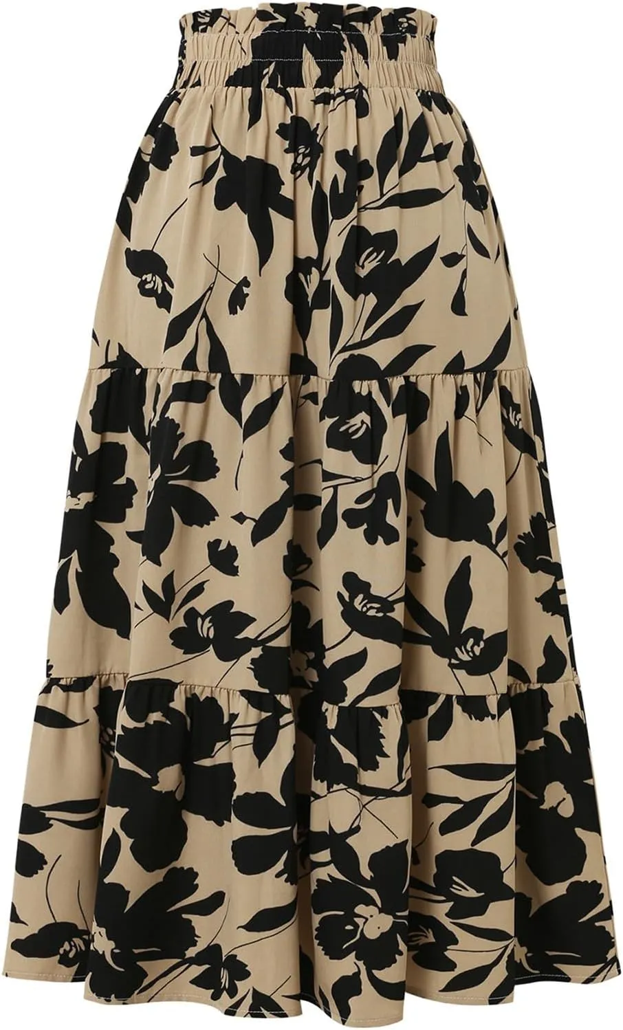 Women Long Skirts Drawstring Elastic Waist Pleated Layer Ruffle Hem Flowy A Line Skirt Boho Floral Print Maxi Skorts