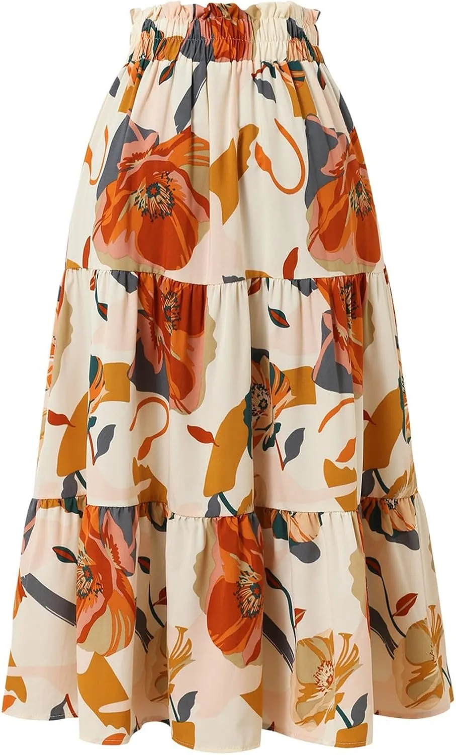 Women Long Skirts Drawstring Elastic Waist Pleated Layer Ruffle Hem Flowy A Line Skirt Boho Floral Print Maxi Skorts