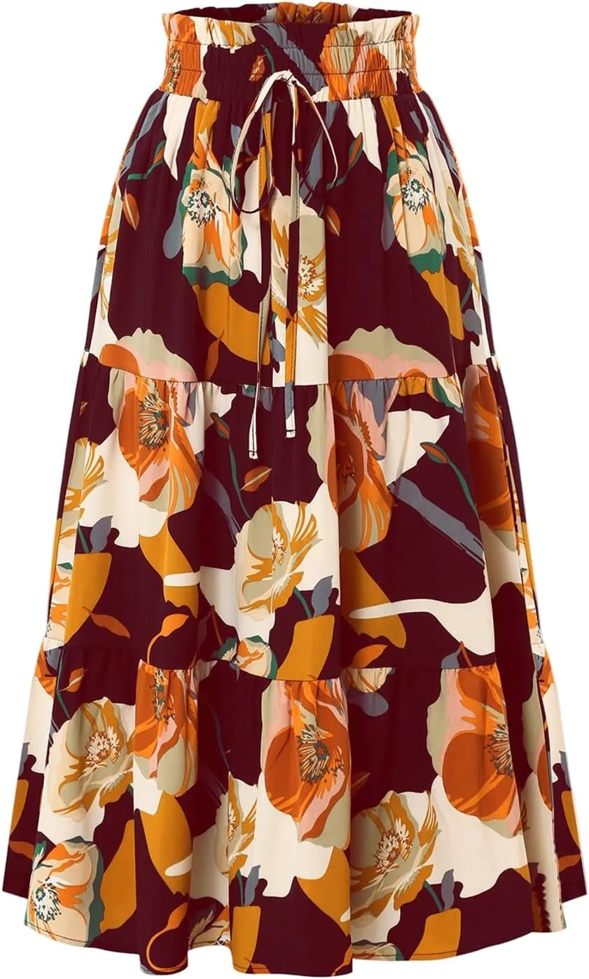 Women Long Skirts Drawstring Elastic Waist Pleated Layer Ruffle Hem Flowy A Line Skirt Boho Floral Print Maxi Skorts