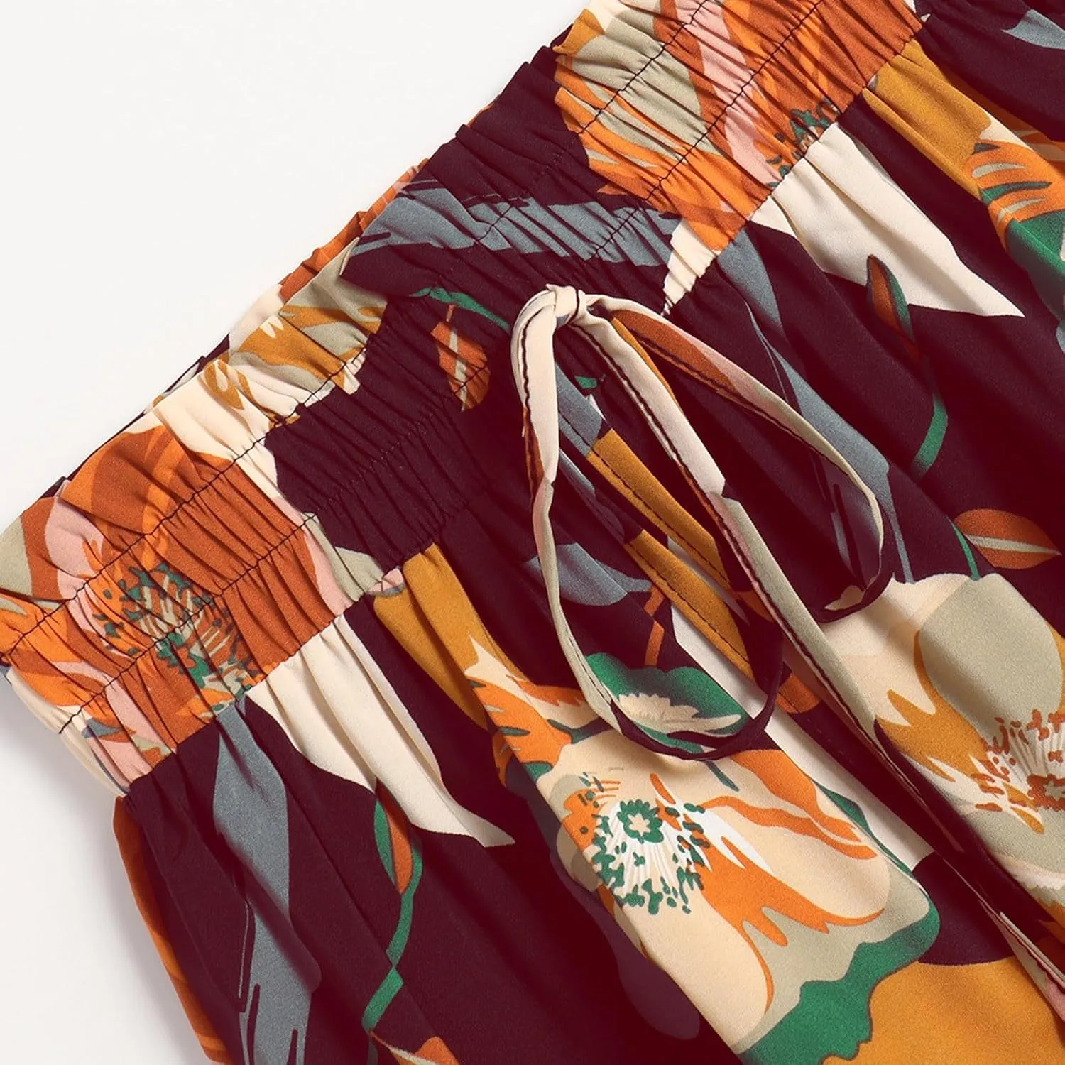Women Long Skirts Drawstring Elastic Waist Pleated Layer Ruffle Hem Flowy A Line Skirt Boho Floral Print Maxi Skorts