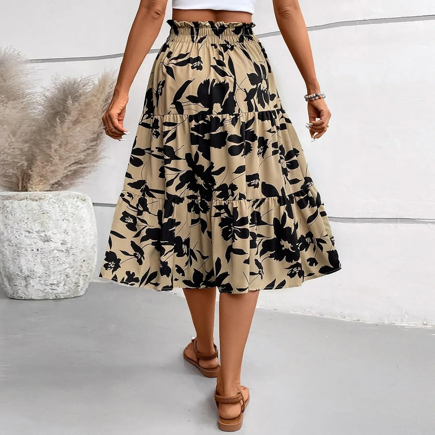Women Long Skirts Drawstring Elastic Waist Pleated Layer Ruffle Hem Flowy A Line Skirt Boho Floral Print Maxi Skorts