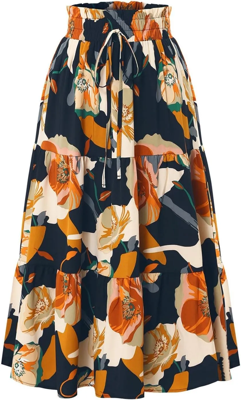 Women Long Skirts Drawstring Elastic Waist Pleated Layer Ruffle Hem Flowy A Line Skirt Boho Floral Print Maxi Skorts