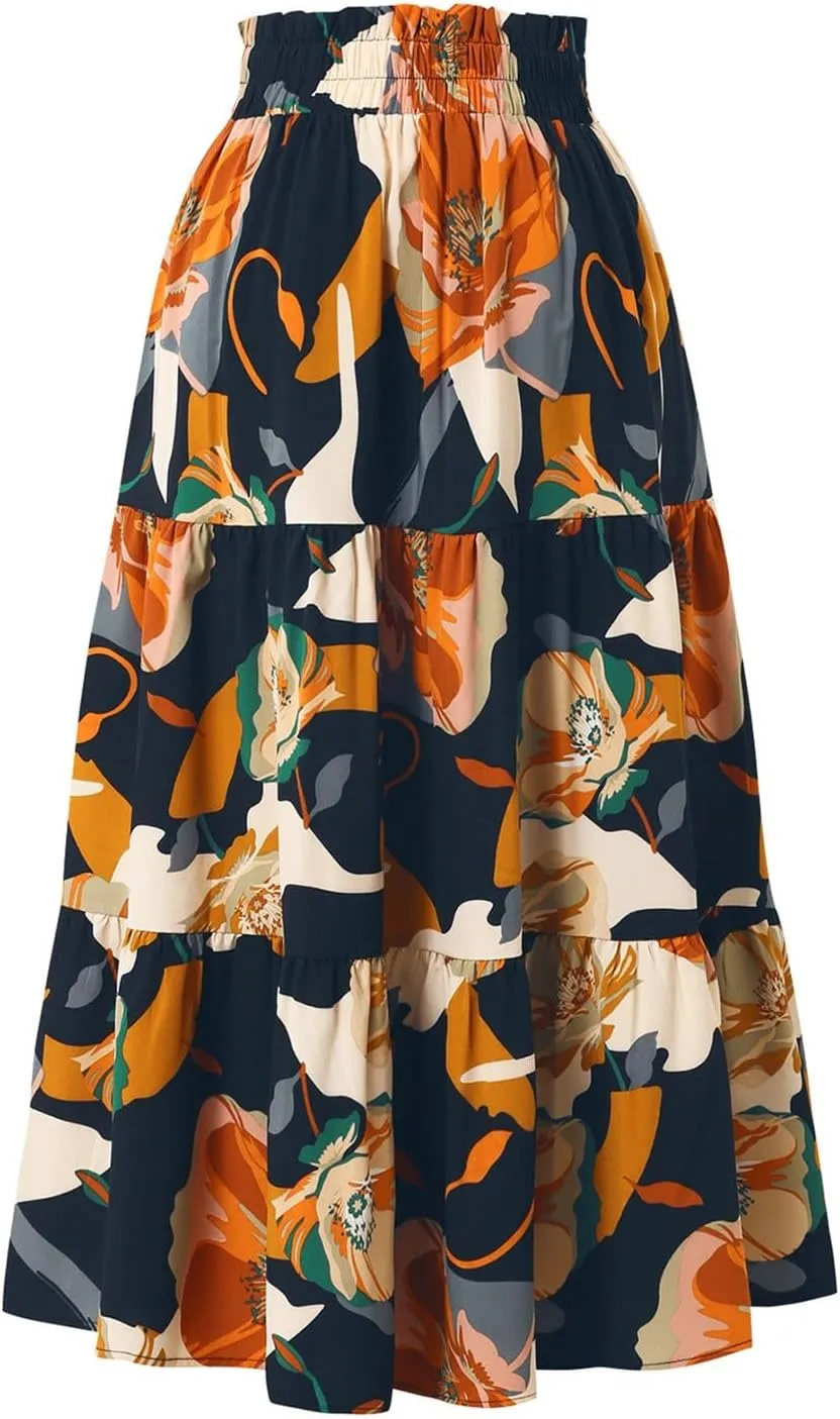 Women Long Skirts Drawstring Elastic Waist Pleated Layer Ruffle Hem Flowy A Line Skirt Boho Floral Print Maxi Skorts