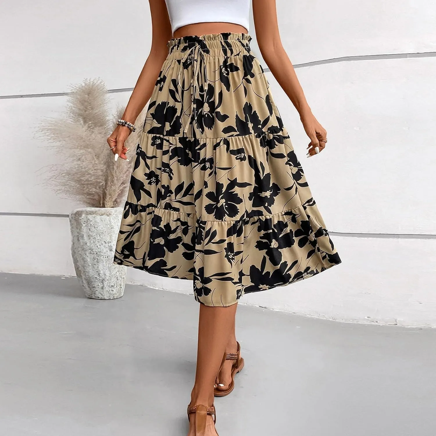Women Long Skirts Drawstring Elastic Waist Pleated Layer Ruffle Hem Flowy A Line Skirt Boho Floral Print Maxi Skorts