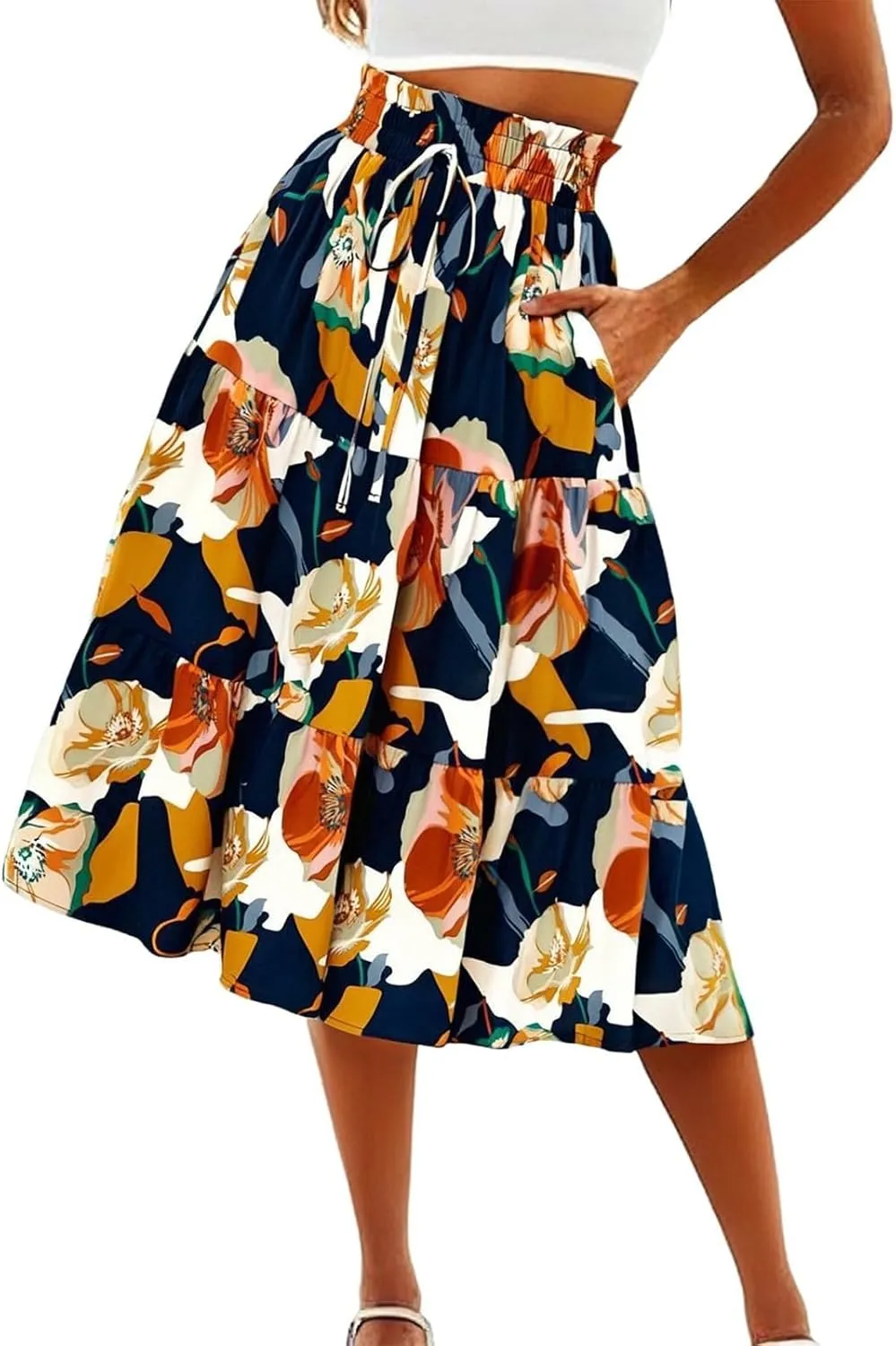 Women Long Skirts Drawstring Elastic Waist Pleated Layer Ruffle Hem Flowy A Line Skirt Boho Floral Print Maxi Skorts