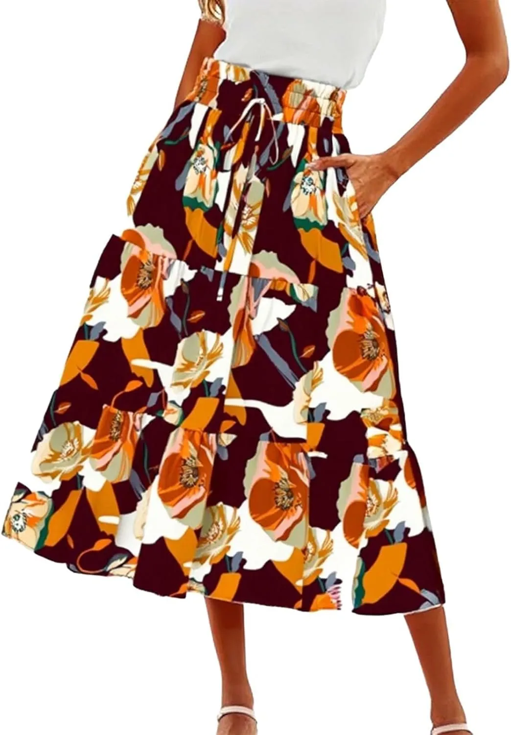 Women Long Skirts Drawstring Elastic Waist Pleated Layer Ruffle Hem Flowy A Line Skirt Boho Floral Print Maxi Skorts