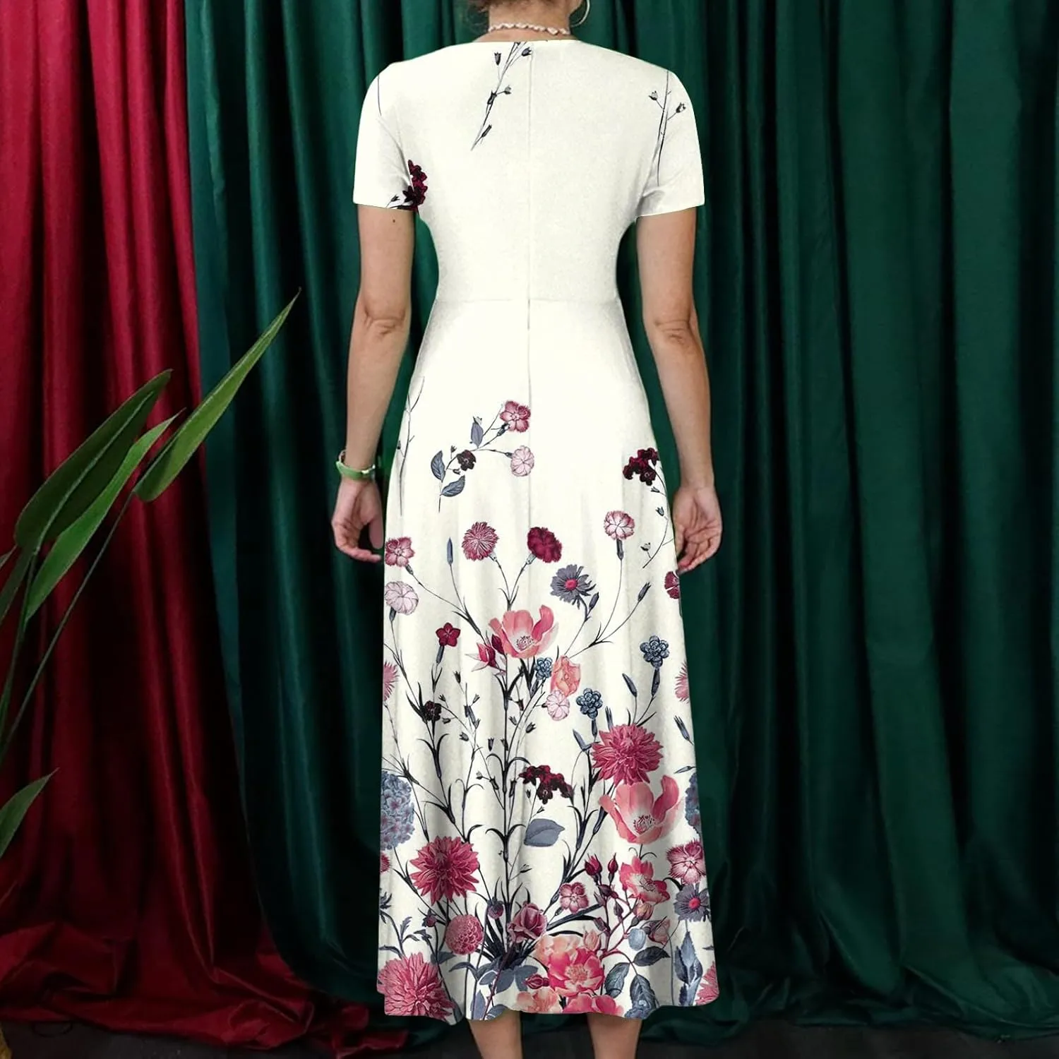 Women Plus Size Short Sleeve Dresses Summer Casual Maxi Dress Crew Neck Floral Flowy Beach A Line Dress with Pockets