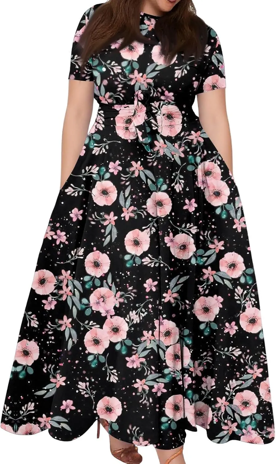 Women Plus Size Short Sleeve Dresses Summer Casual Maxi Dress Crew Neck Floral Flowy Beach A Line Dress with Pockets