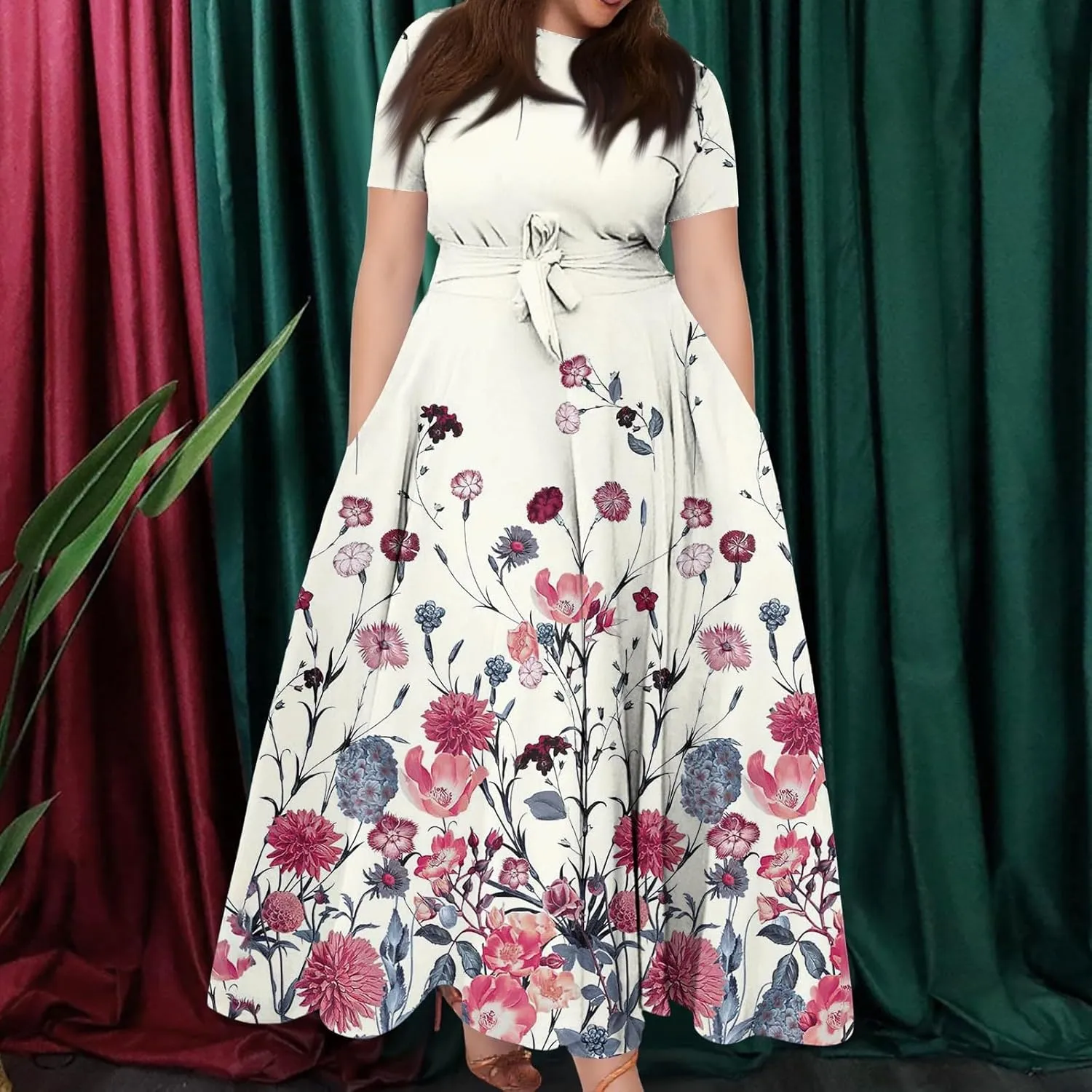 Women Plus Size Short Sleeve Dresses Summer Casual Maxi Dress Crew Neck Floral Flowy Beach A Line Dress with Pockets