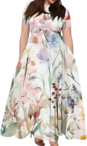 Women Plus Size Short Sleeve Dresses Summer Casual Maxi Dress Crew Neck Floral Flowy Beach A Line Dress with Pockets