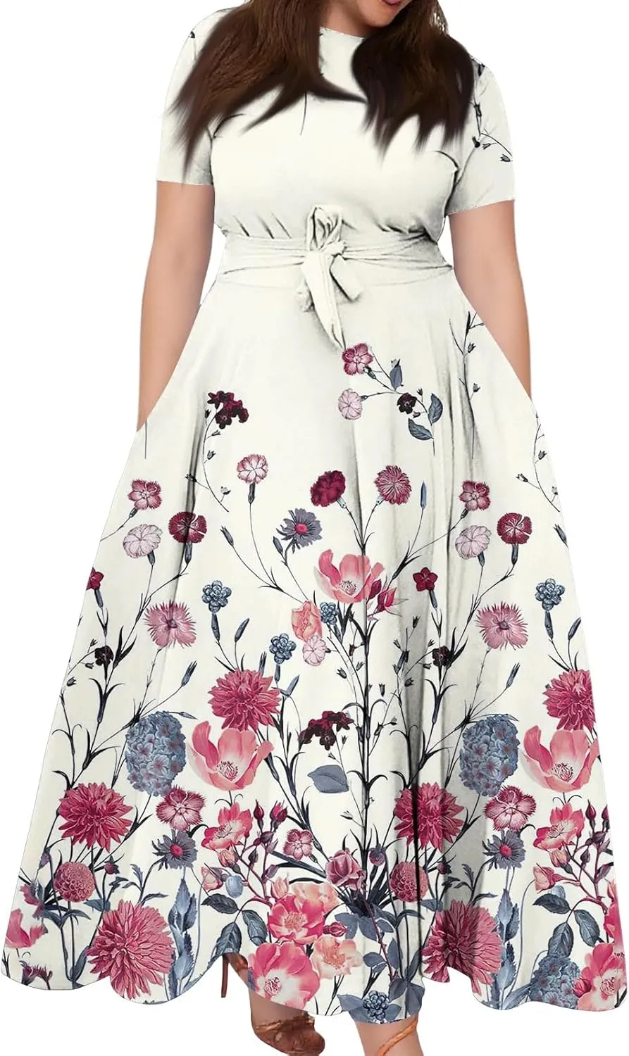 Women Plus Size Short Sleeve Dresses Summer Casual Maxi Dress Crew Neck Floral Flowy Beach A Line Dress with Pockets