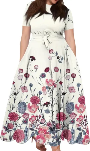 Women Plus Size Short Sleeve Dresses Summer Casual Maxi Dress Crew Neck Floral Flowy Beach A Line Dress with Pockets